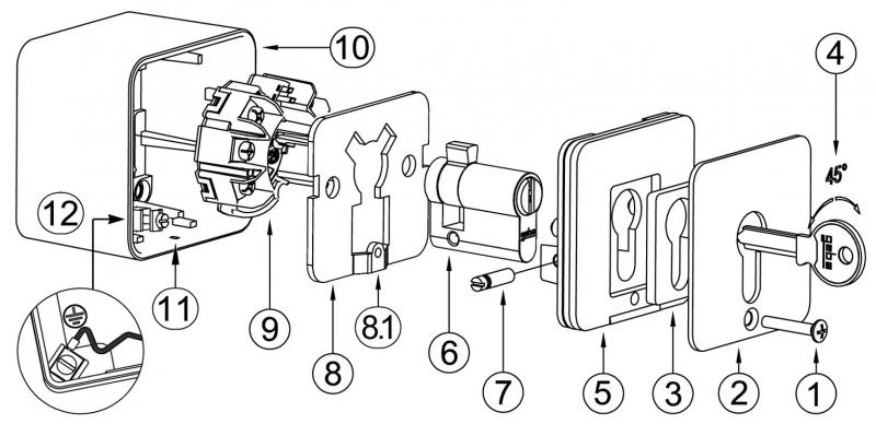 WTS - Standard - Schlüssel-Schalter AB = Tastend / AUF = Rastend, UP ,Wassergeschützt - Schutzart IP 54