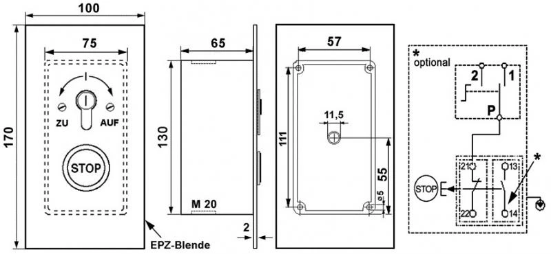 WTS - Standard - Schlüsselschalter mit 1 Rast-Kontakt : Schlüssel : AUS/EIN  Drucktasten: AUF - AB  , AP ,Wassergeschützt - Schutzart IP 54