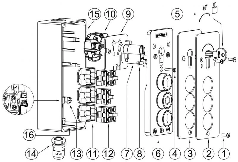 WTS - Standard - Schlüsselschalter mit 1 Rast-Kontakt Schlüssel : Ein/Aus Drucktasten: AUF/NOT-HALT/AB, UP Wassergeschützt - Schutzart IP 54