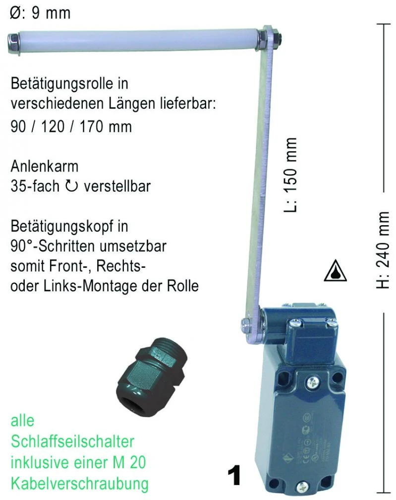 WTS - Schlaffseilschalter mit Betätigungsrolle Rollenlänge 90mm RECHTS montiert Wassergeschützt - IP 67