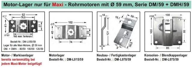 WTS - Maxi-Rohrmotoren Serie DM/59 Durchmesser 59 mm, 16 mm Vierkantstift,mit mechanischer Endabschaltung