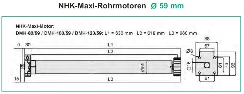 WTS - NHK-Maxi-Rohrmotoren Serie DMH-59 mit Nothandbedienung durch Kurbelstange  Ø 59 mm