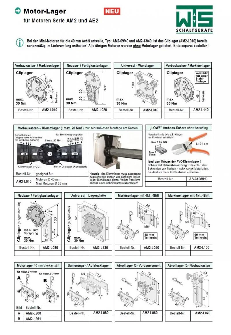 WTS - Neubau- Fertigkastenlager AM2-L020 für AM2 und AE2 Rohrantriebe Max 30Nm