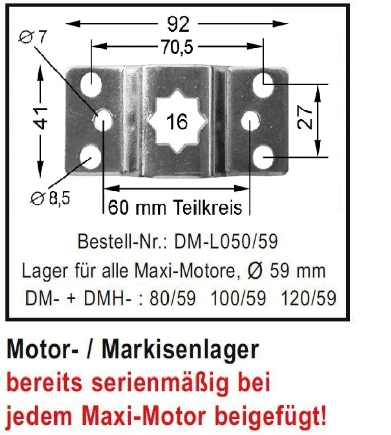 WTS - Motor-/Markisenlager für 16mm 4kant, mit 60 mm Teilkreis DM-L050/59