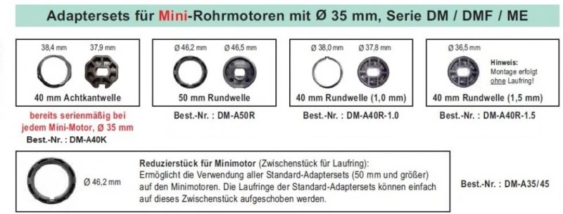 WTS - Adapterset DM-A40K - 40 mm Achtkantwelle für Mini-Rohrmotoren  Ø 35 mm, Serie DM - DMF - ME