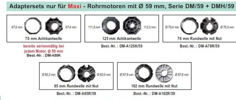 WTS - Adapterset DM-A85R-59 : 85 mm Rundwelle mit Nut nur für Maxi - Rohrmotoren  Ø 59 mm, Serie DM-59 + DMH-59