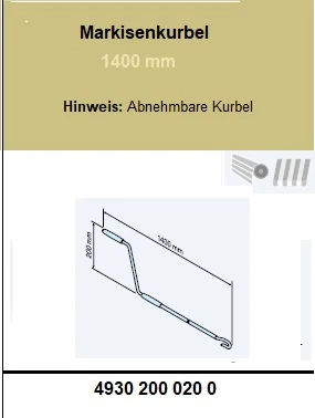 Markisenkurbel Lang  L=1400mm mit Kurbelhaken für Rohrantriebe mit Handkurbelanschluss