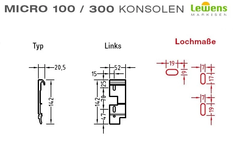 Wandkonsole Wandhalter für Lewens Micro 100 und 300 Senkrechtmarkise,Links,Mitte und Rechts zur Auswahl