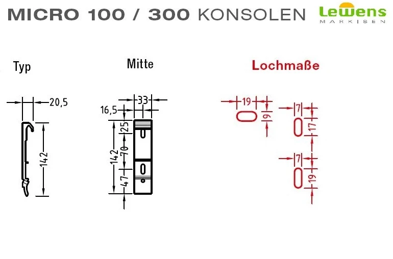 Wandkonsole Wandhalter für Lewens Micro 100 und 300 Senkrechtmarkise,Links,Mitte und Rechts zur Auswahl