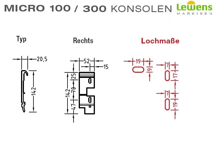 Wandkonsole Wandhalter für Lewens Micro 100 und 300 Senkrechtmarkise,Links,Mitte und Rechts zur Auswahl