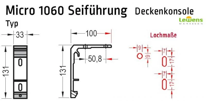 Deckenkonsole, Deckenhalter für Lewens Micro 1060 Seilführung  Senkrechtmarkise, für Deckenmontage