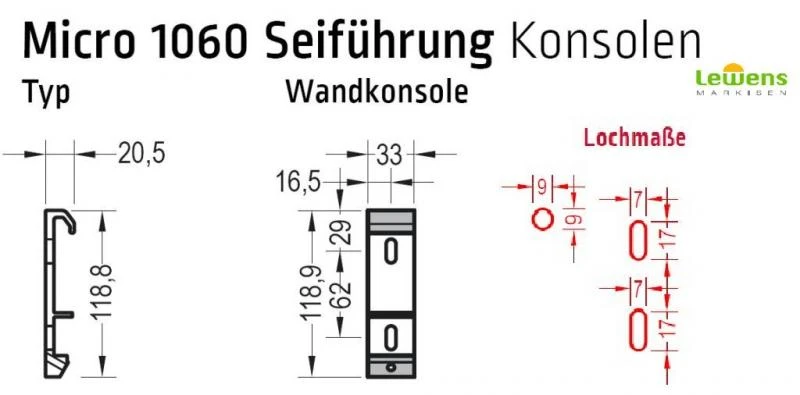 Wandkonsole, Wandhalterhalter für Lewens Micro 1060 Seilführung Senkrechtmarkisen 