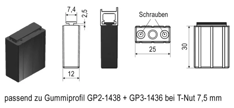 WTS - Auflaufstopper, 25x12x30 mm, mit T-Nut 7,4 mm, inklusive 2 Schrauben passend zu Gummiprofil GP 2 und GP 3