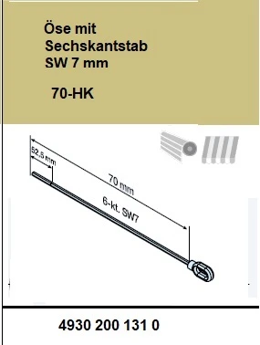 Öse mit Sechskantstab SW 7 mm 70-HK  für Becker Rohrantriebe mit Handkurbelanschluss, länge 70mm  